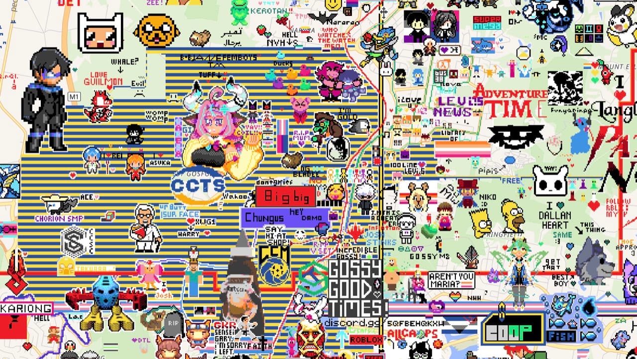 Compact mascot art built from limited color blocks